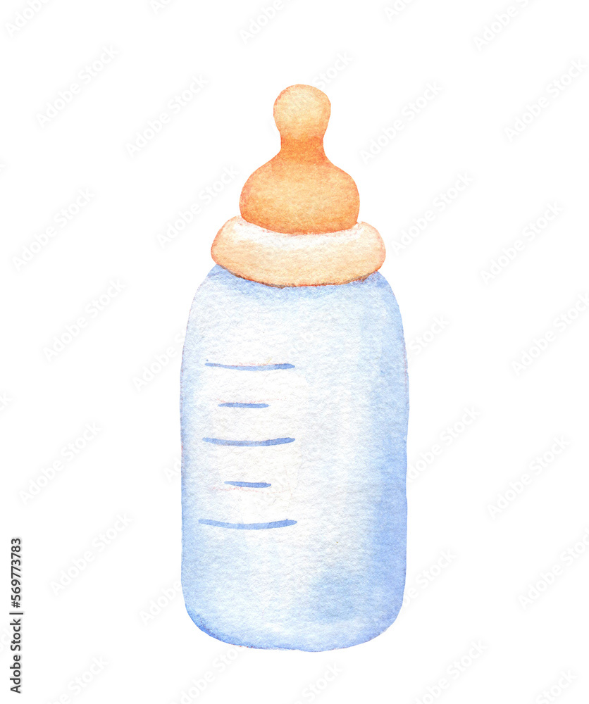 Watercolor baby milk bottle illustration isolated on white. Hand painted sketch Stock
