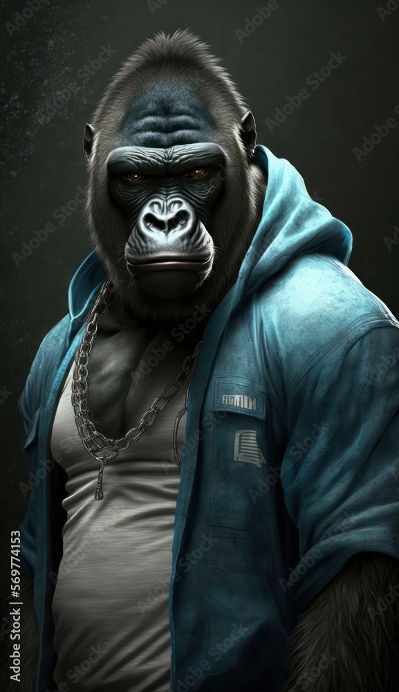 Photo Shoot of King of the Streets:A Majestic Gorilla Animal Rocked in Hip Hop Streetwear Fashion like Men, Women, and Kids (generative AI)