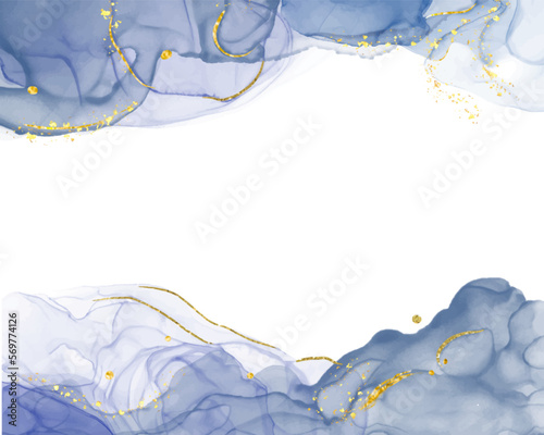 The watercolor background is drawn with Blue paint. Golden shiny veins and cracked marble texture. Elegant luxury wallpaper for design, print, and invitations.