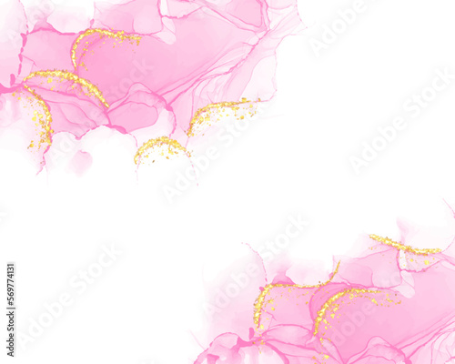Abstract liquid watercolor background with golden lines, dots, and stains. Pastel marble alcohol ink drawing effect. Vector illustration design template with space