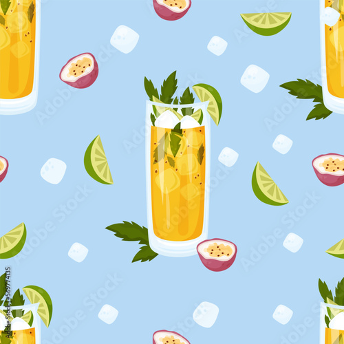 Seamless pattern with summer cocktail Passion Fruit Mojito. Cuban cocktail in glass with ice cubes, lime and mint on blue background. Vector pattern with latin american tropical drink