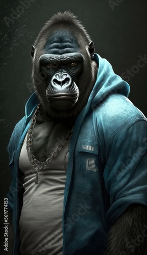 Photo Shoot of King of the Streets:A Majestic Gorilla Animal Rocked in Hip Hop Streetwear Fashion like Men, Women, and Kids (generative AI)