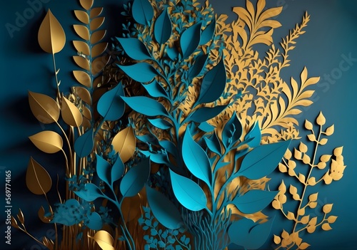 Abstract mural floral wallpaper, blue, teal and gold floral print background. plants and leaves in sylized pattern, for use as a frame on walls. photo