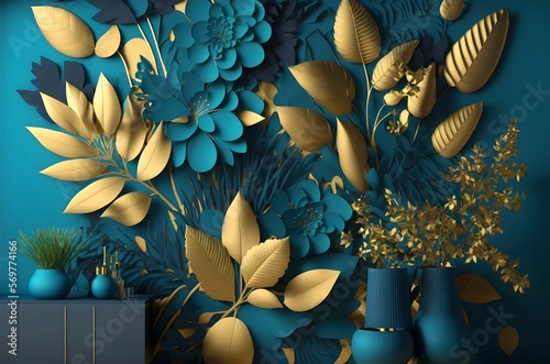 Abstract mural floral wallpaper, blue, teal and gold floral print background. plants and leaves in sylized pattern, for use as a frame on walls. photo