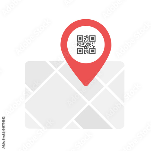 Map icon with red pin showing QR code for easy address scanning and route planning. QR code contains an address for adding to contacts, simplify finding and saving locations for navigation