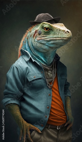 Photo Shoot of King of the Streets A Majestic Iguana Animal Rocked in Hip Hop Streetwear Fashion like Men  Women  and Kids  generative AI 