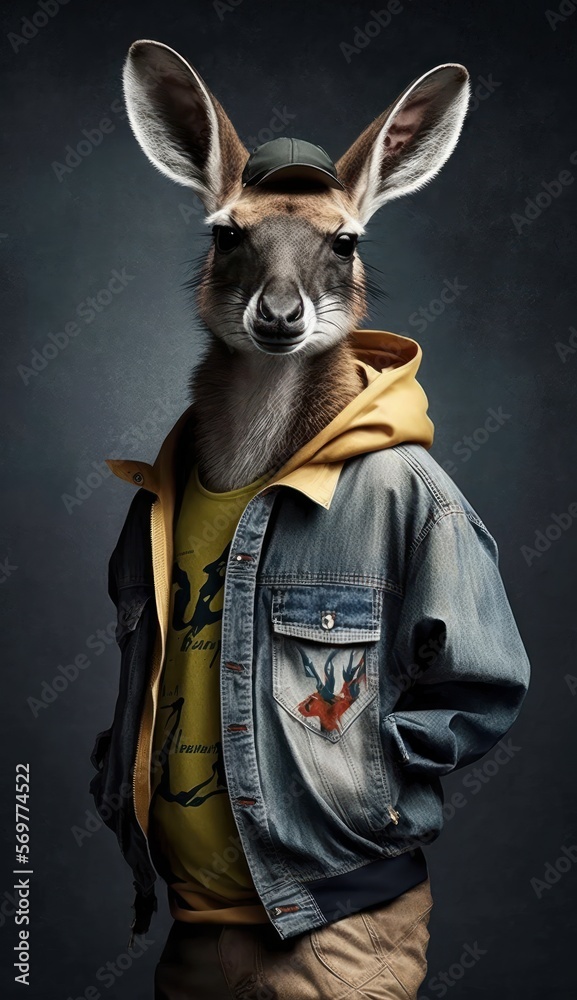 Photo Shoot of King of the Streets:A Majestic Kangaroo Animal Rocked in Hip Hop Streetwear Fashion like Men, Women, and Kids (generative AI)