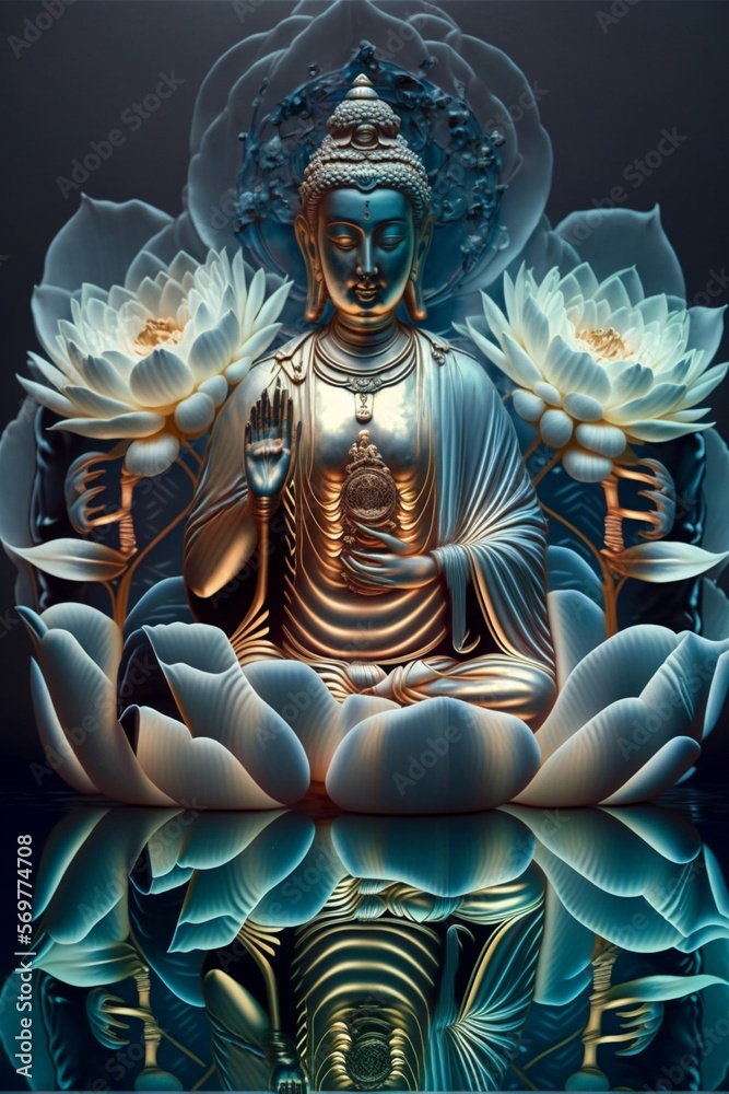 Buddha Statue Bodhisattva and Lily Lantern. Generative Ai.