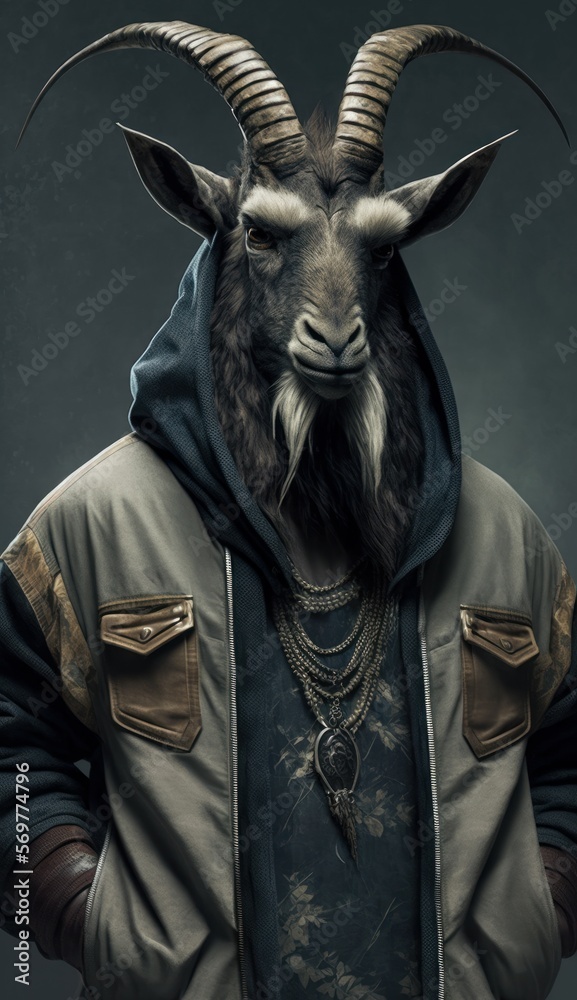Obraz premium Photo Shoot of King of the Streets:A Majestic Markhor Animal Rocked in Hip Hop Streetwear Fashion like Men, Women, and Kids (generative AI)