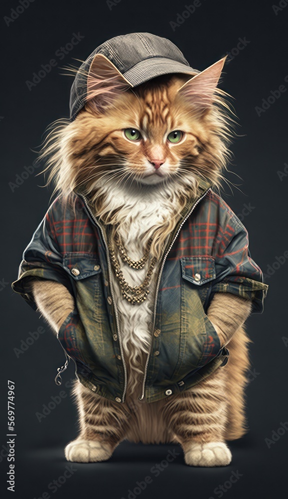 Photo Shoot of King of the Streets:A Majestic Norwegian Forest Animal Cat Rocked in Hip Hop Streetwear Fashion like Men, Women, and Kids (generative AI)