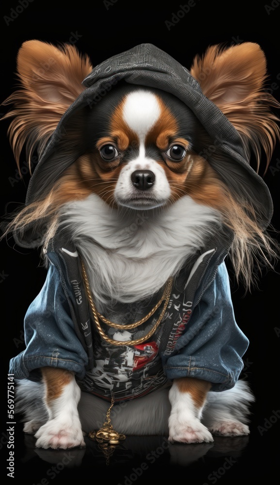 Photo Shoot of King of the Streets:A Majestic Papillon Animal Dog Rocked in Hip Hop Streetwear Fashion like Men, Women, and Kids (generative AI)
