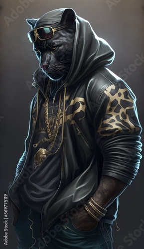 Photo Shoot of King of the Streets:A Majestic Panther Animal Rocked in Hip Hop Streetwear Fashion like Men, Women, and Kids (generative AI)