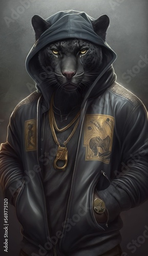 Photo Shoot of King of the Streets:A Majestic Panther Animal Rocked in Hip Hop Streetwear Fashion like Men, Women, and Kids (generative AI)