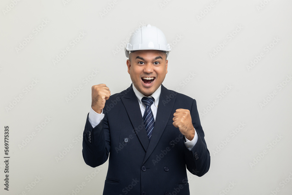 Businessman manager owner real estate on isolated white background. Cooperation of architect designer. Engineer with safety helmet checking at working construction site