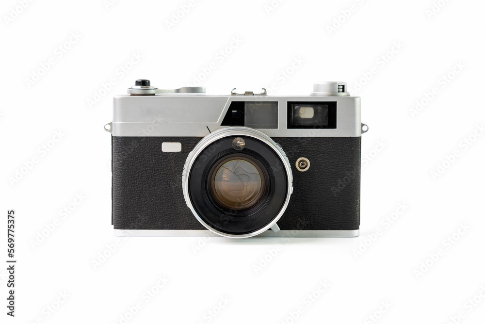 Retro camera, old film camera on white background.