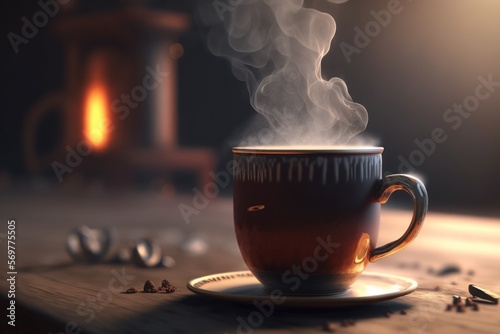 Steaming hot coffee. Illustration. 3D Render. Created with Generative AI