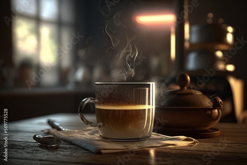 Steaming hot coffee. Illustration. 3D Render. Created with Generative AI