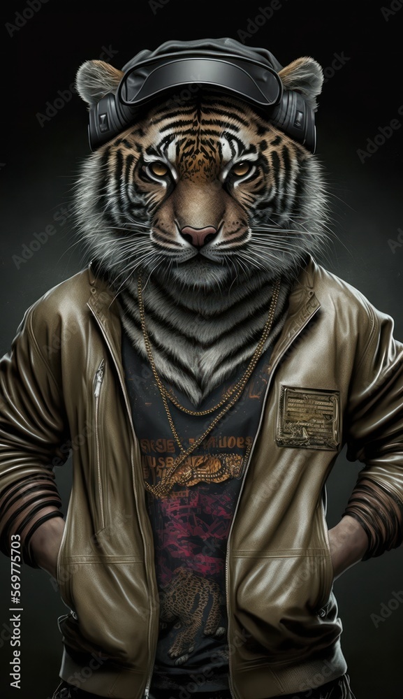 Photo Shoot of King of the Streets:A Majestic Tiger Animal Rocked in Hip Hop Streetwear Fashion like Men, Women, and Kids (generative AI) Photo Shoot of King of the Streets:A Majestic Tiger Animal Rocked in Hip Hop Streetwear Fashion like Men, Women, and Kids (generative AI)