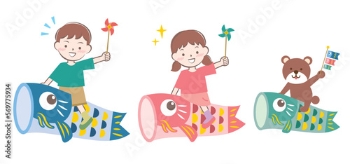 鯉に乗っている子供と熊　こどもの日　端午の節句　鯉のぼり