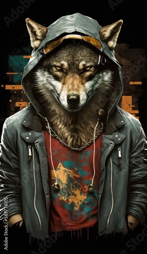 Photo Shoot of King of the Streets:A Majestic Wolf Animal Rocked in Hip Hop Streetwear Fashion like Men, Women, and Kids (generative AI)