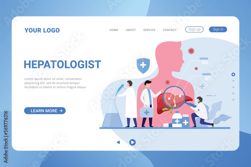 Doctor make liver examination landing page template design concept