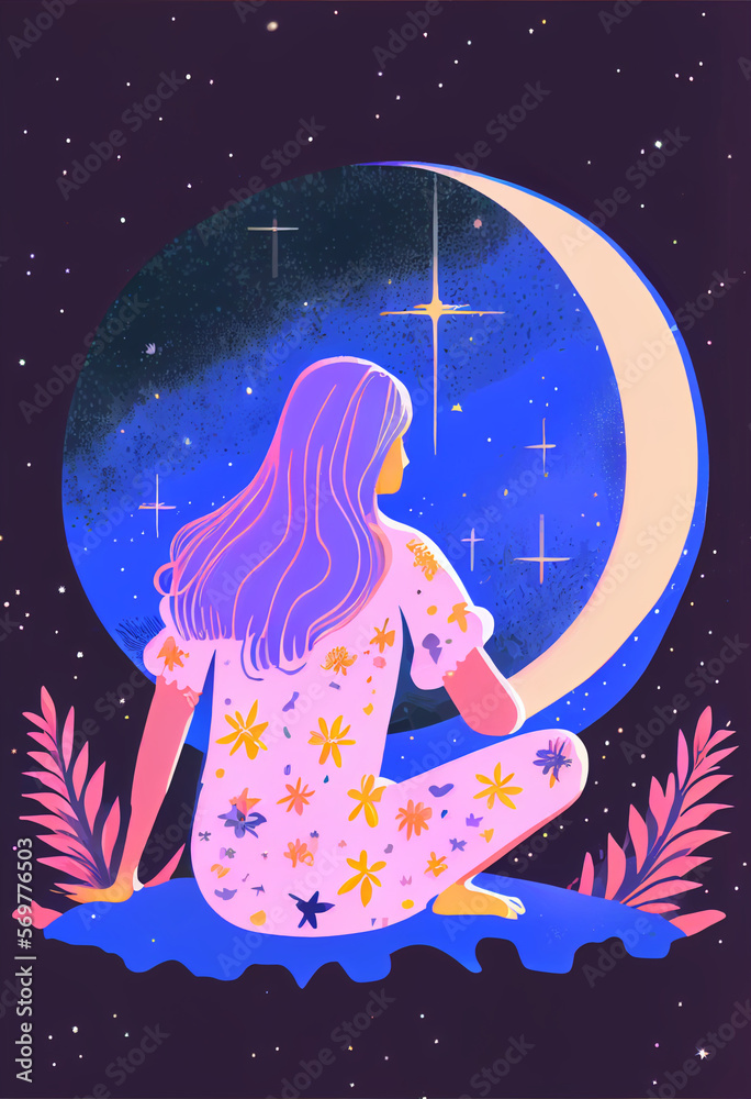 illustration of lonely girl sitting in cosmos. Generative Ai.