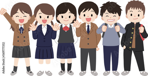 制服を着た学生の子供達　6人　線なし