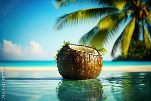 coconut open to natural on tropical beach summer blue sea, generative by AI