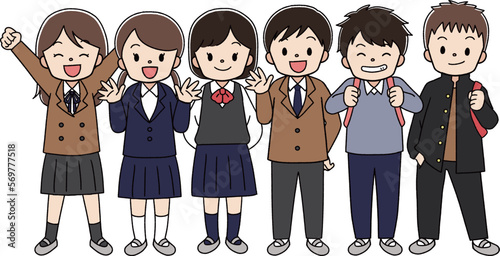 制服を着た学生の子供達　6人　線あり