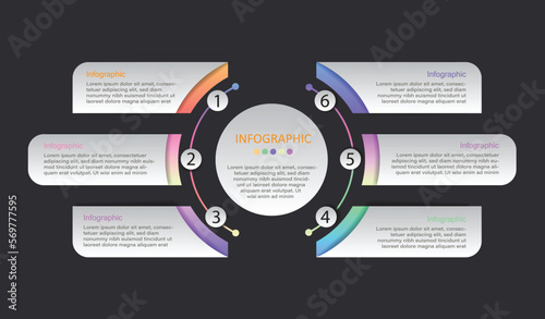 Vector infographics are used for presenting or showing work sequences in a simple way. There are 6 sequences. Use in presentations with a black background.