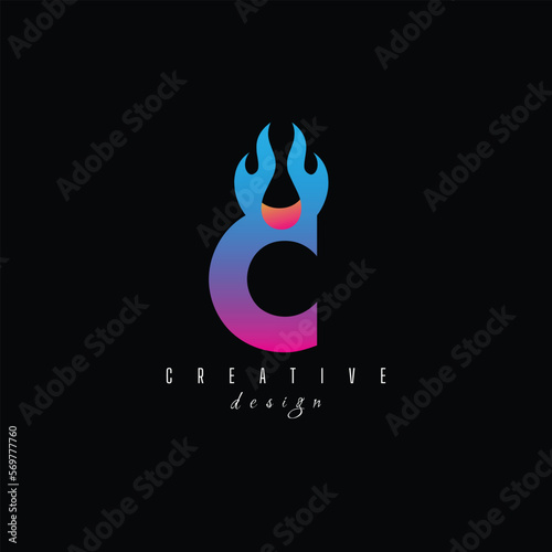 fire and letter C character, letter, syllable logo