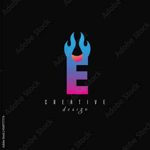 fire and letter E character, letter, syllable logo