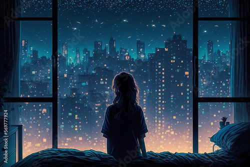 A woman who has a lot of thoughts can't sleep in her bedroom, city lights background, ai generated