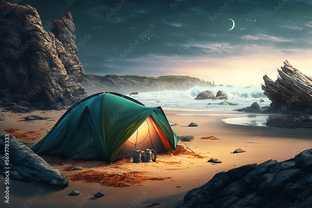 camping scene with tent on the Beach  Generative AI Digital Illustration Part#90223