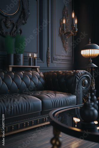 black room with a vintage-style sofa and a chandelier, a classic black floor lamp, and a coffee table - Generative AI