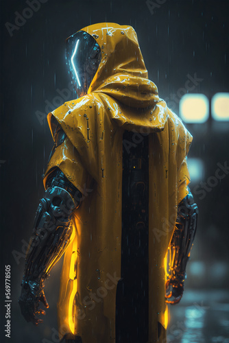 Robot with a sleek, futuristic look, dressed in a raincoat, Cyberpunk style - Generative AI