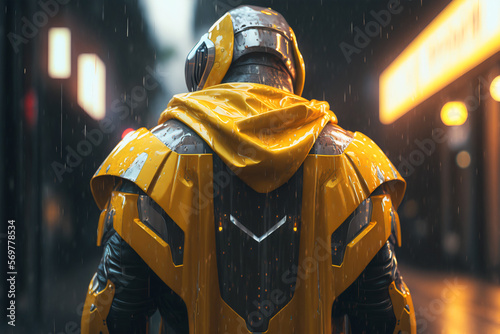 Robot with a sleek, futuristic look, dressed in a raincoat, Cyberpunk style - Generative AI
