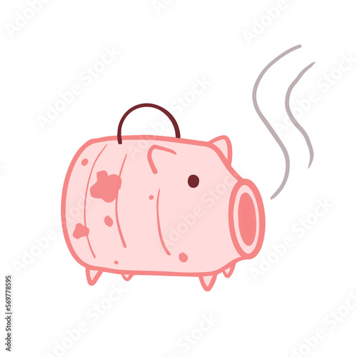 Hand drawn cute katori buta, Japanese traditional pink mosquito coil pig artwork