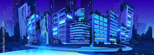 Futuristic smart night city, eco buildings with neon glowing. Future sustainable town cityscape, houses and offices with garden on rooftop and waterfall, dark trees and grass, pond vector illustration