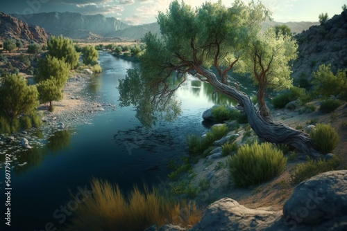 perfetct nature landscape gree river trees  Generative AI Digital Illustration Part 90223