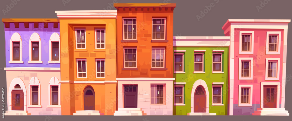 Cartoon city street vector isolated on background. Mayfair district in London, buildings illustration for horizontal banner or advertising. Neighborhood cityscape element