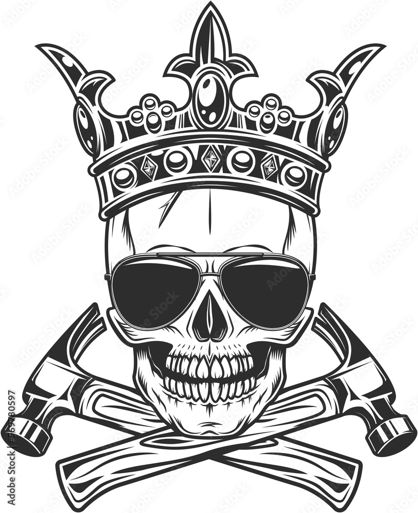Skull in royal crown with construction hammer tools and sunglasses accessory to protect eyes from bright sun vintage isolated illustration