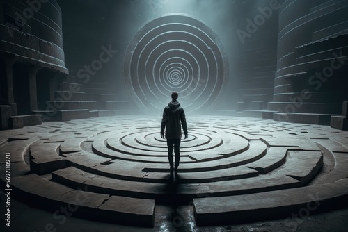 Concept fantasy illustration showing a man lost in a maze, colorful - generative ai