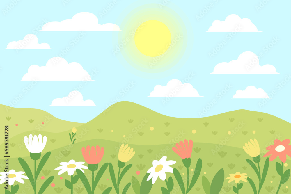 flat design spring landscape background illustration with flowers, sun, and cloud