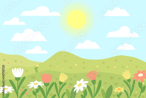 flat design spring landscape background illustration with flowers, sun, and cloud