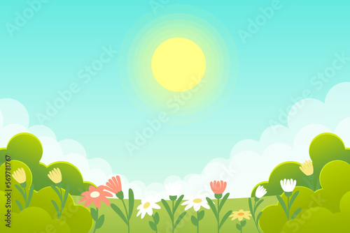 gradient spring landscape background illustration with flowers