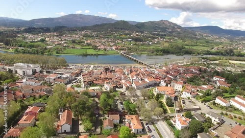 Aerial View City Buildings of Ponte de Lima and River Lima in Portugal photo