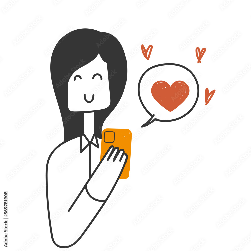 hand drawn doodle person holding Mobile phone with heart and love bubble chat illustration hand drawn doodle person holding Mobile phone with heart and love bubble chat illustration