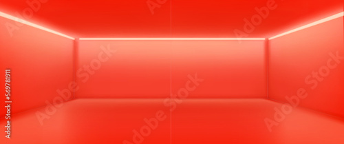 Empty red room. 3d studio background in perspective view. Abstract backdrop for photography, modern showroom interior with lamps, red walls and floor, vector realistic illustration