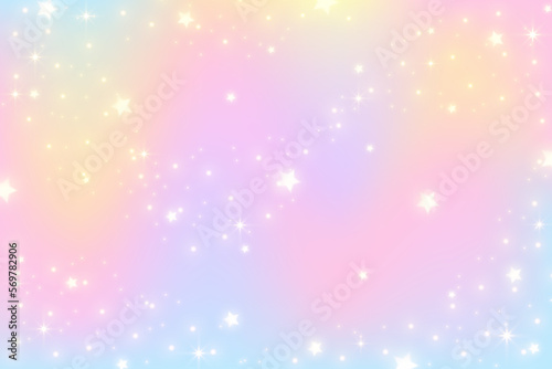 Rainbow unicorn background. Pastel gradient color sky with glitter. Magic galaxy space and stars. Vector abstract pattern.